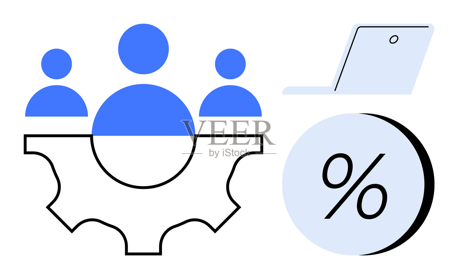 简单设计中的团队合作与生产力元素，包括齿轮、笔记本电脑和百分比符号插画图片素材