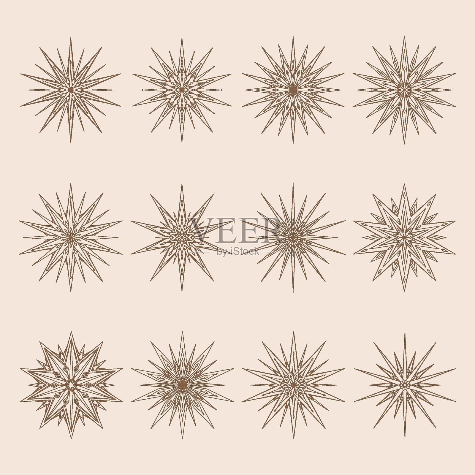 手绘星星轮廓、阳光爆发、光线。波希米亚风格的爆发阳光符号。魔法华丽的护身符，古董风格，波西米亚，纹身，标志。矢量插图集，背景为米色。插画图片素材