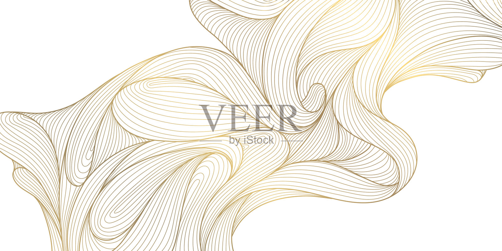 矢量金色波浪，抽象奢华背景。闪耀的高档横幅，优雅的曲线装饰，日本风格的云朵海报。叶子，水，天然壁纸。插画图片素材