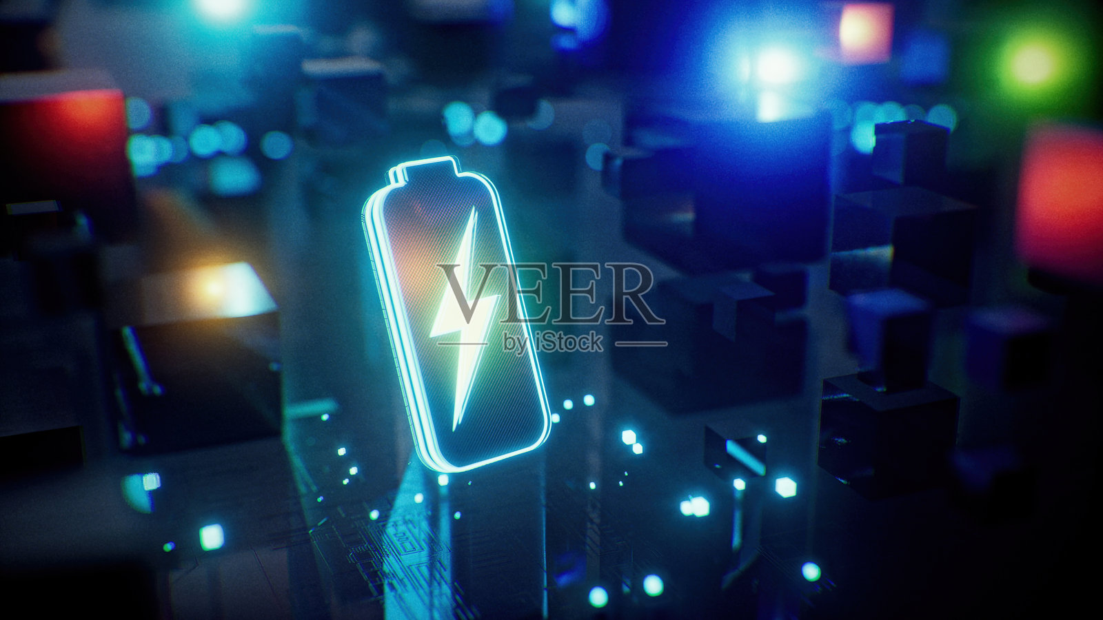 电池图标，电源效率和充电背景。电池超快速充电和效率概念的未来背景。未来主义电池图标在技术进步和创新的世界中。照片摄影图片