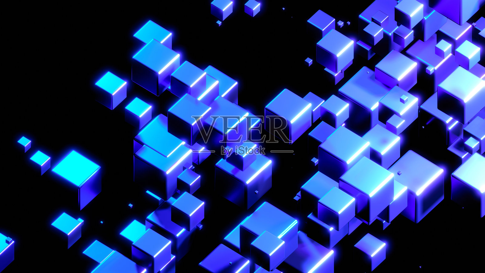 抽象科技背景，太空中的3D立方体，黑色背景上的紫蓝色霓虹发光立方体，科技与科学壁纸。照片摄影图片