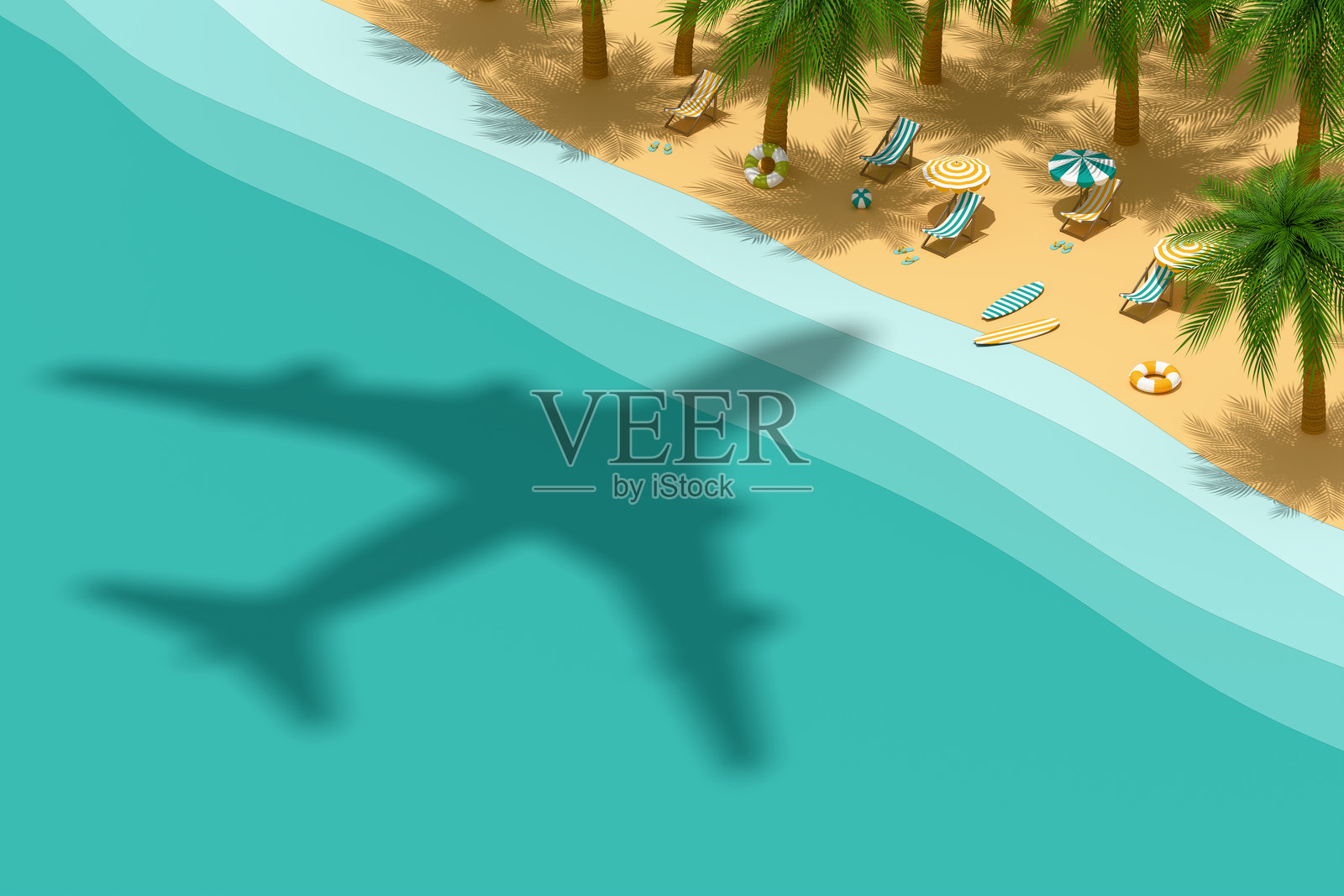 飞机在热带海滩上空飞行的鸟瞰图，投下阴影的棕榈树。飞机在水面上投下阴影。夏季假期和旅行概念。3D渲染，插图。照片摄影图片