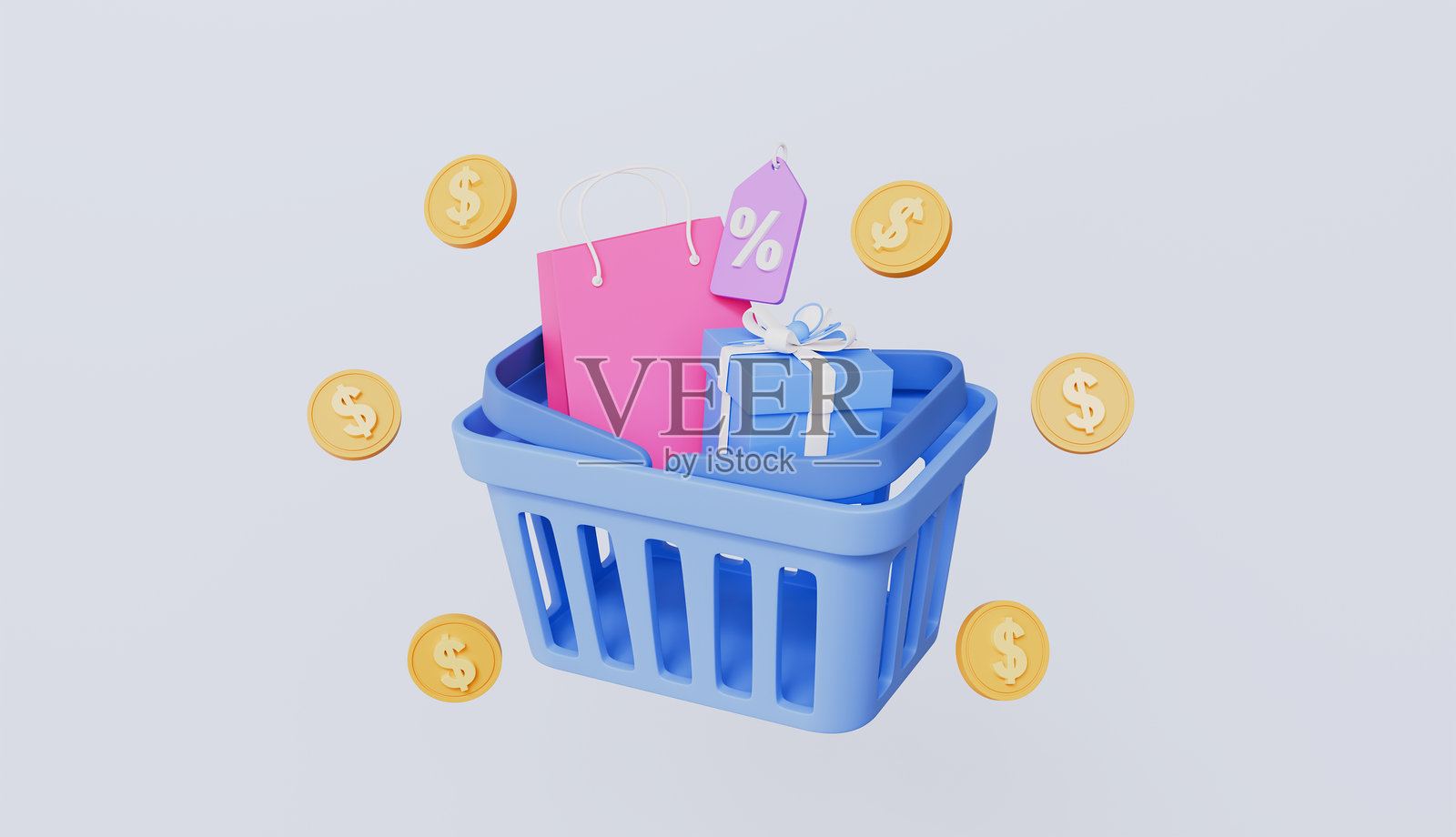 购物车与价格标签、购物篮产品图标和促销标签、在线购物的硬币、购物袋用于购买照片摄影图片