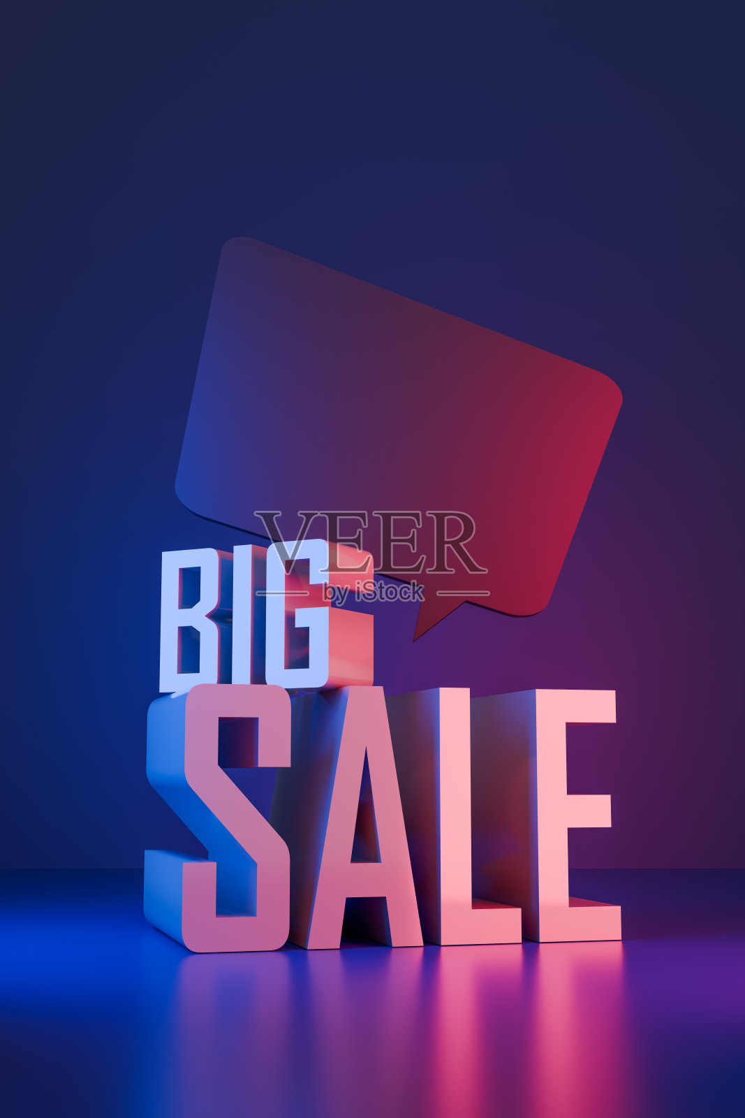 未来霓虹背景上的大促销3D文字与对话气泡照片摄影图片