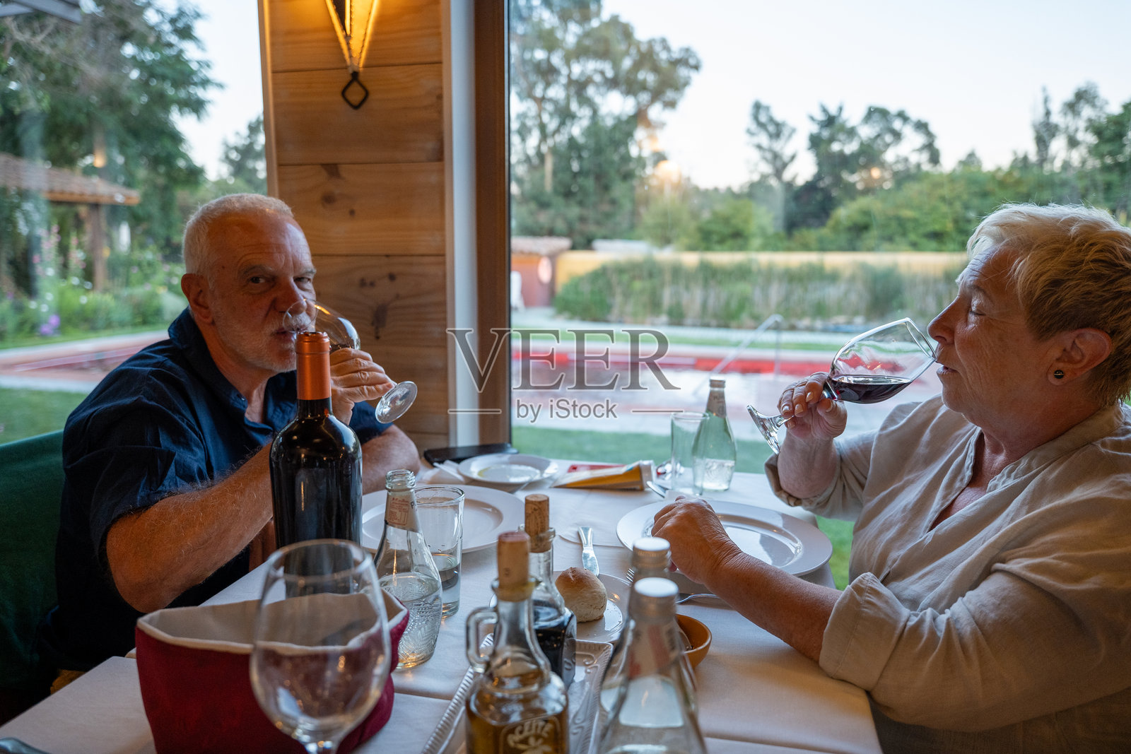 老年夫妇在温馨的餐桌上享受美酒照片摄影图片