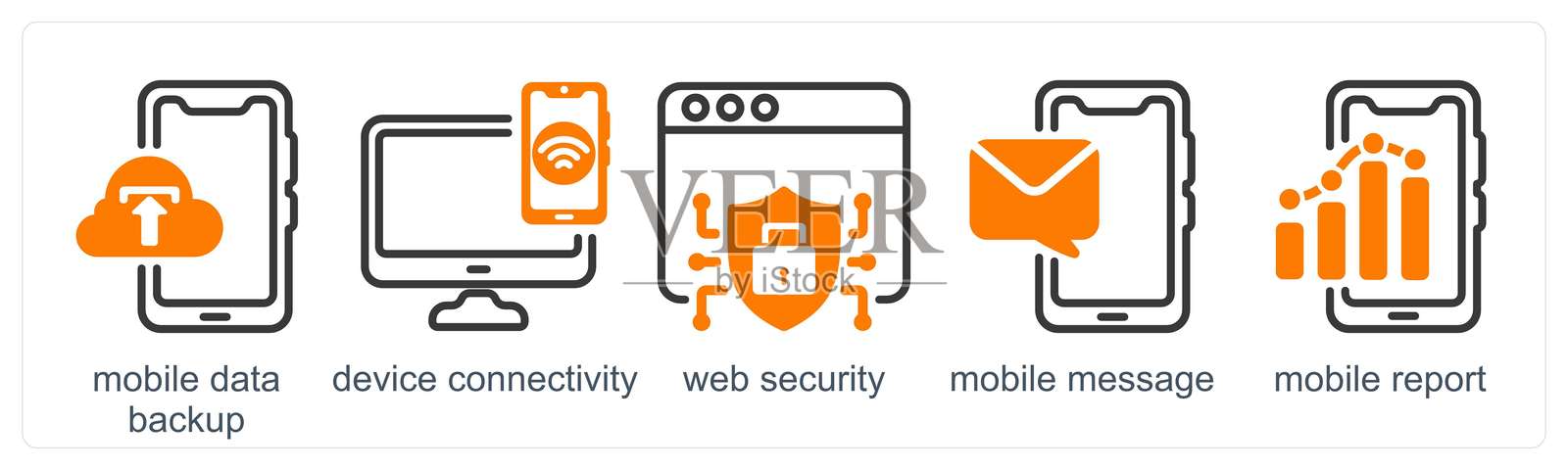 一组5个商业图标，包含移动数据备份、设备连接和网络安全。插画图片素材