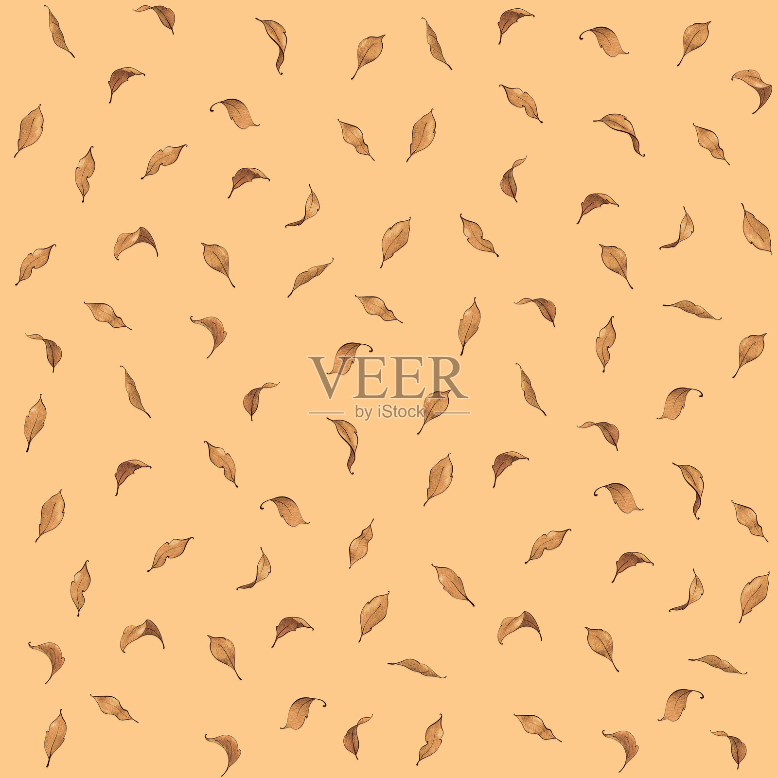 秋叶背景图案，柔和的橙色调，采用细腻的笔触和复杂的细节创作而成插画图片素材