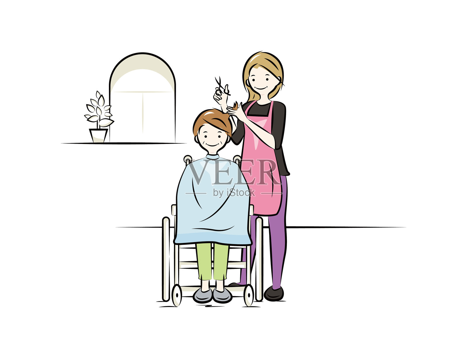 老年女性接受上门理发和美容服务 | 护理服务系列插画图片素材