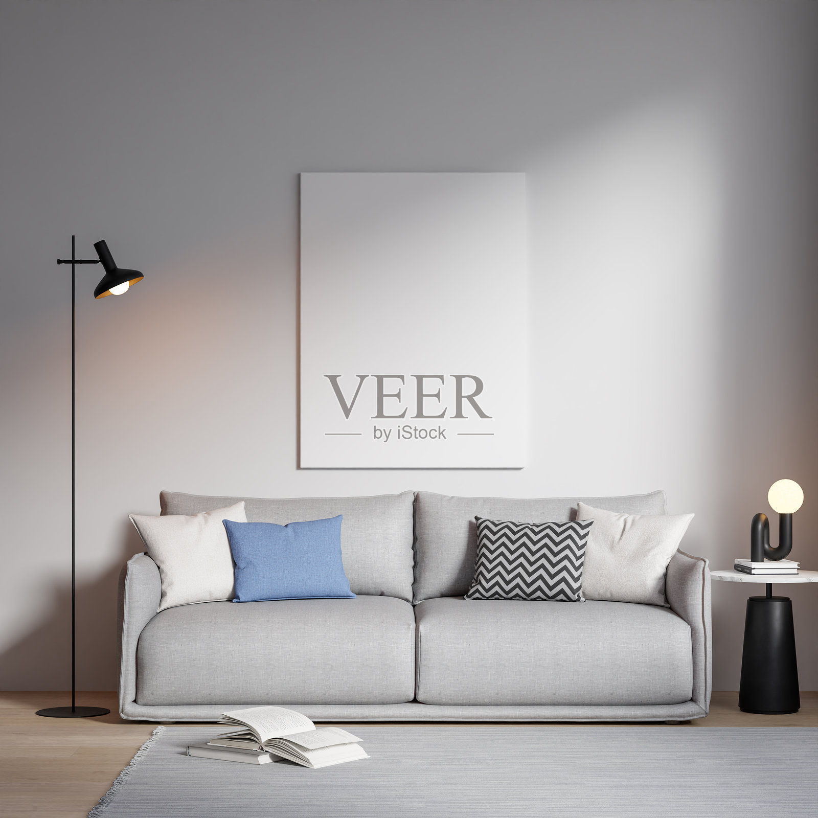 现代客厅室内的框架海报模型照片摄影图片