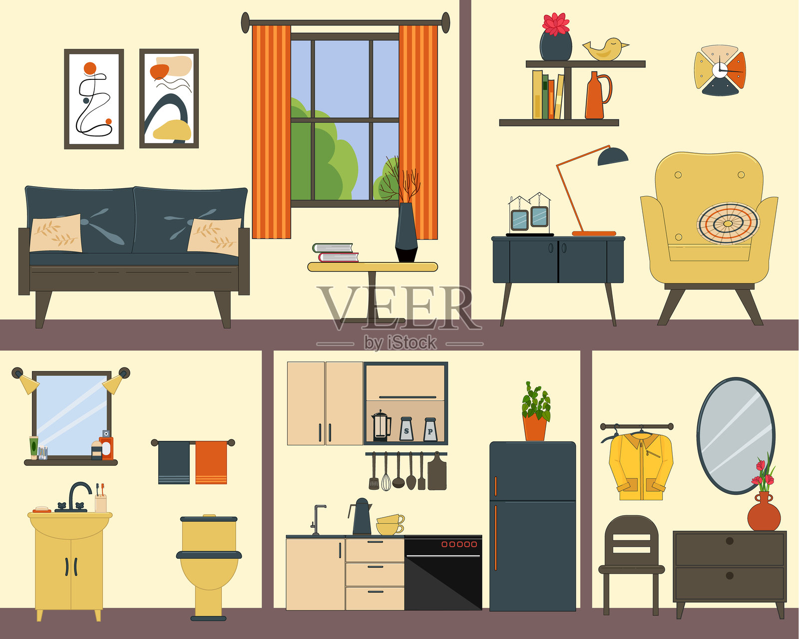 配备家具的公寓。内部详细视图。客厅有沙发和窗户。房间有扶手椅和床头柜。浴室。卧室有床和衣柜。厨房有炉子和冰箱。走廊有椅子和床头柜，衣物挂架。插画图片素材