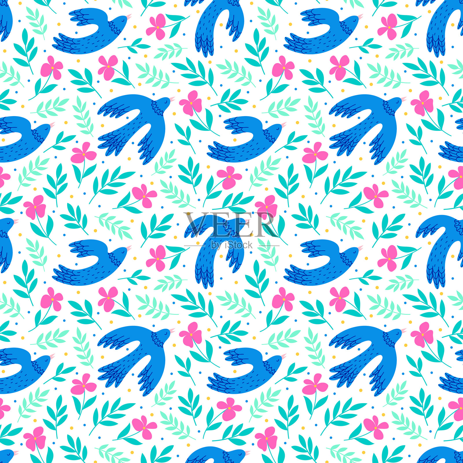 蓝色飞鸟与花卉元素的无缝图案插画图片素材
