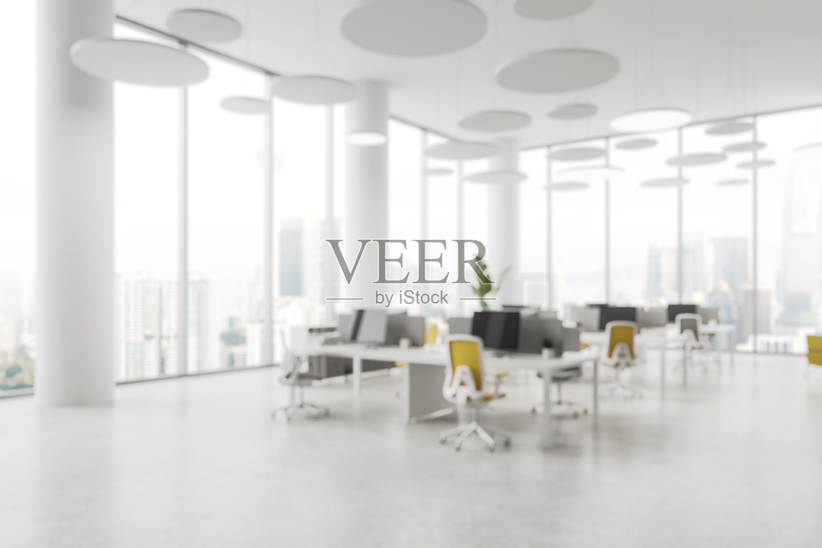 现代办公室室内，配有大窗户和圆形吊灯。3D渲染照片摄影图片