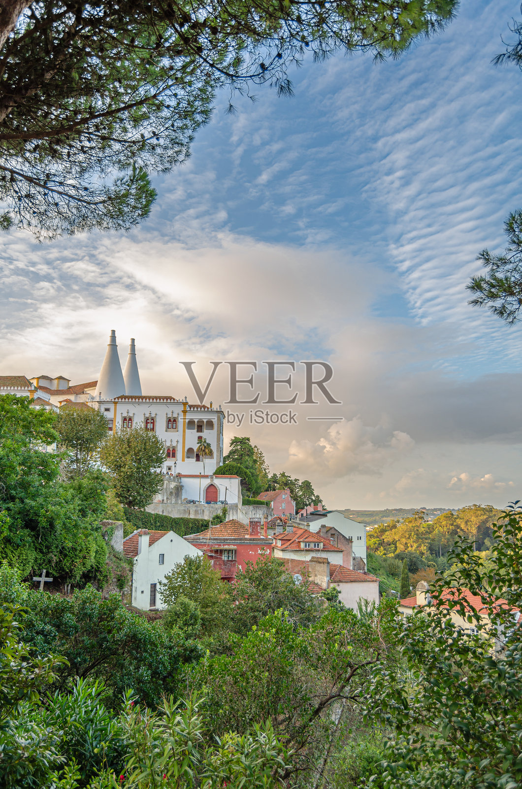 从公园俯瞰葡萄牙辛特拉国家宫的景色照片摄影图片