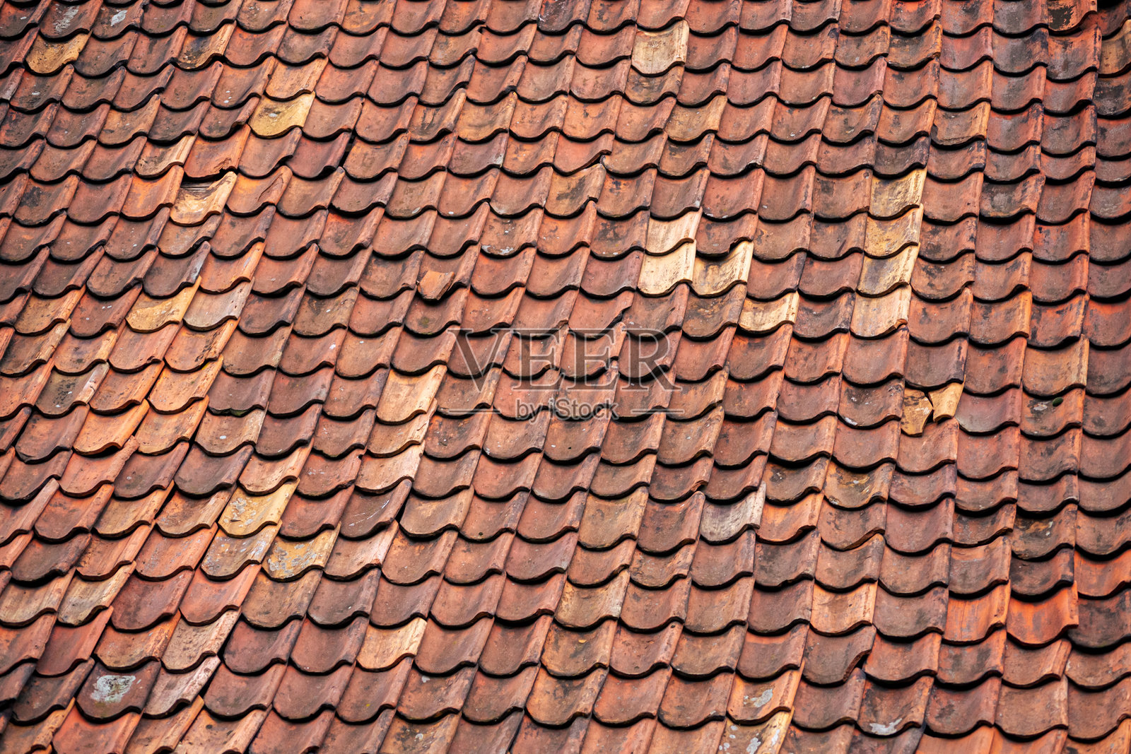 老房子屋顶的一部分，覆盖着经典的红色粘土瓦，特写纹理背景照片摄影图片