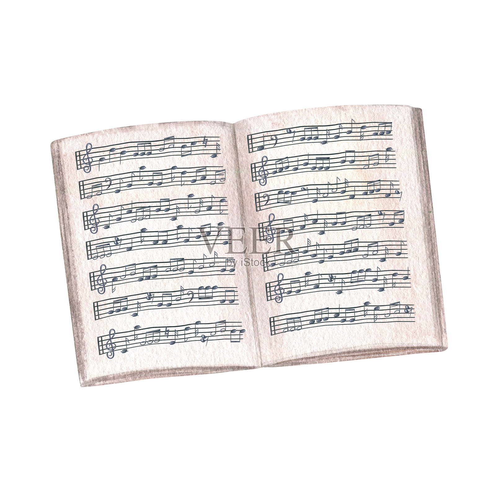 开放的音乐笔记本，带有五线谱和音符的水彩插图，孤立在白色背景上。带有音符谱格的音乐纸。适用于作曲家、教育工作者和词曲作者的横线页面模板。插画图片素材