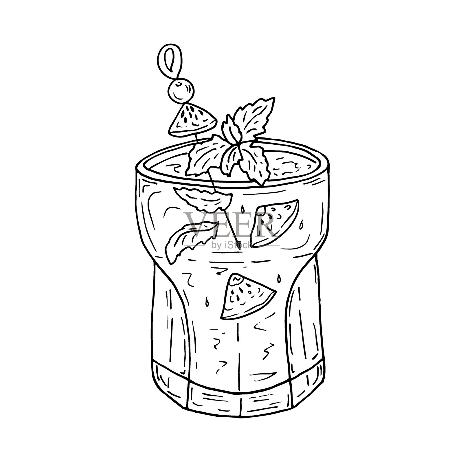 一杯清爽的水果水，含有奇异果片、西瓜片和薄荷的排毒鸡尾酒。水果和蔬菜饮料。插画图片素材