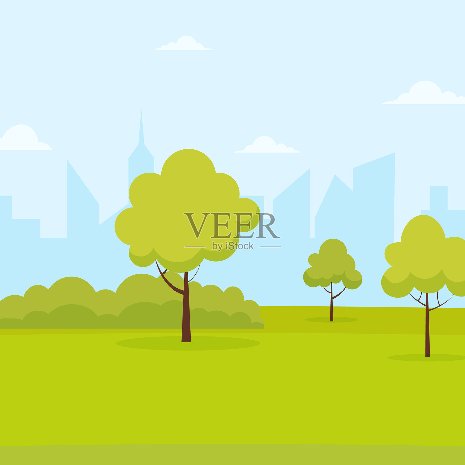 阳光明媚的日子里，城市天际线中的明亮绿色公园景观插画图片素材