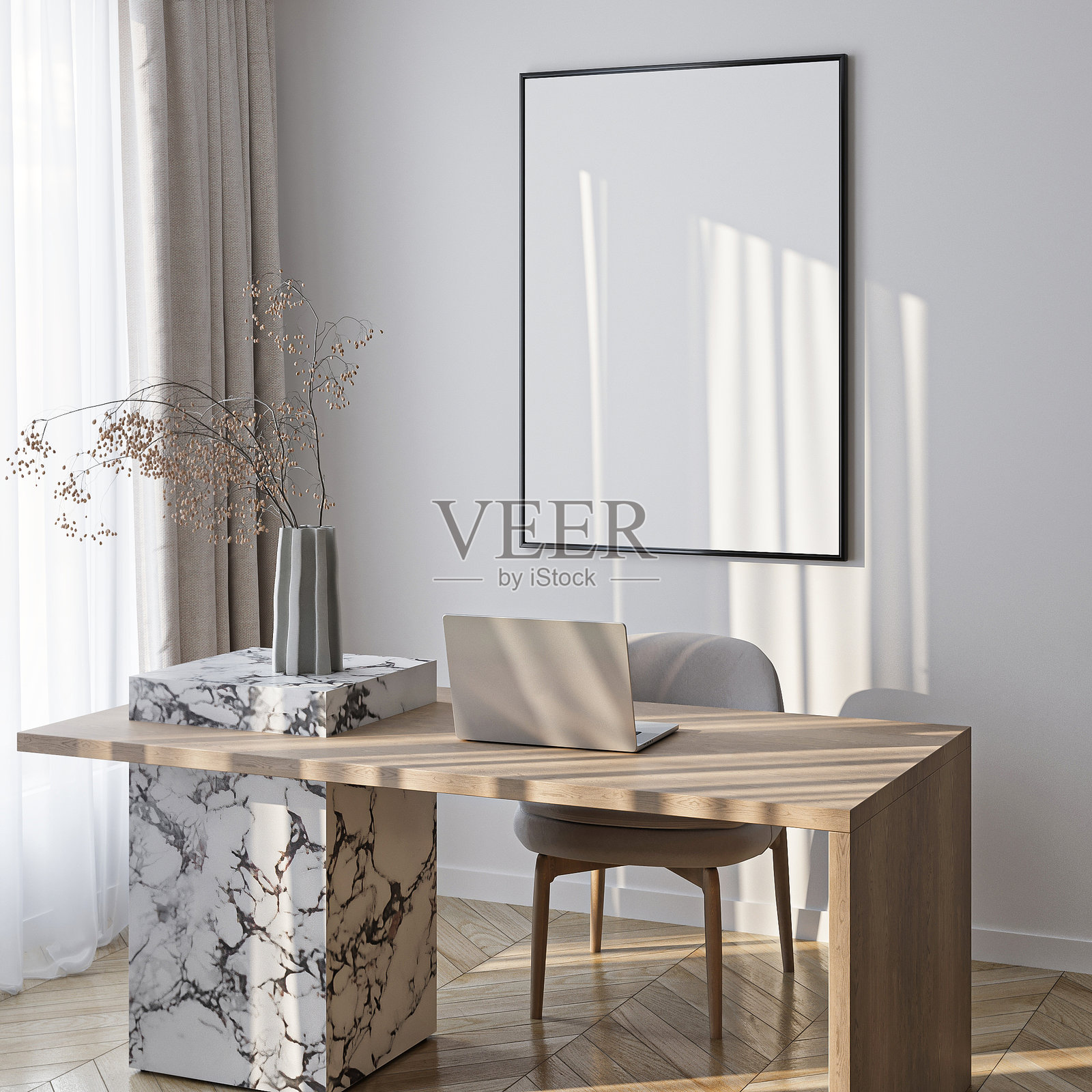 现代家居办公室室内的海报模型。带有ISO A纸张尺寸的框架模型。3D插图。照片摄影图片