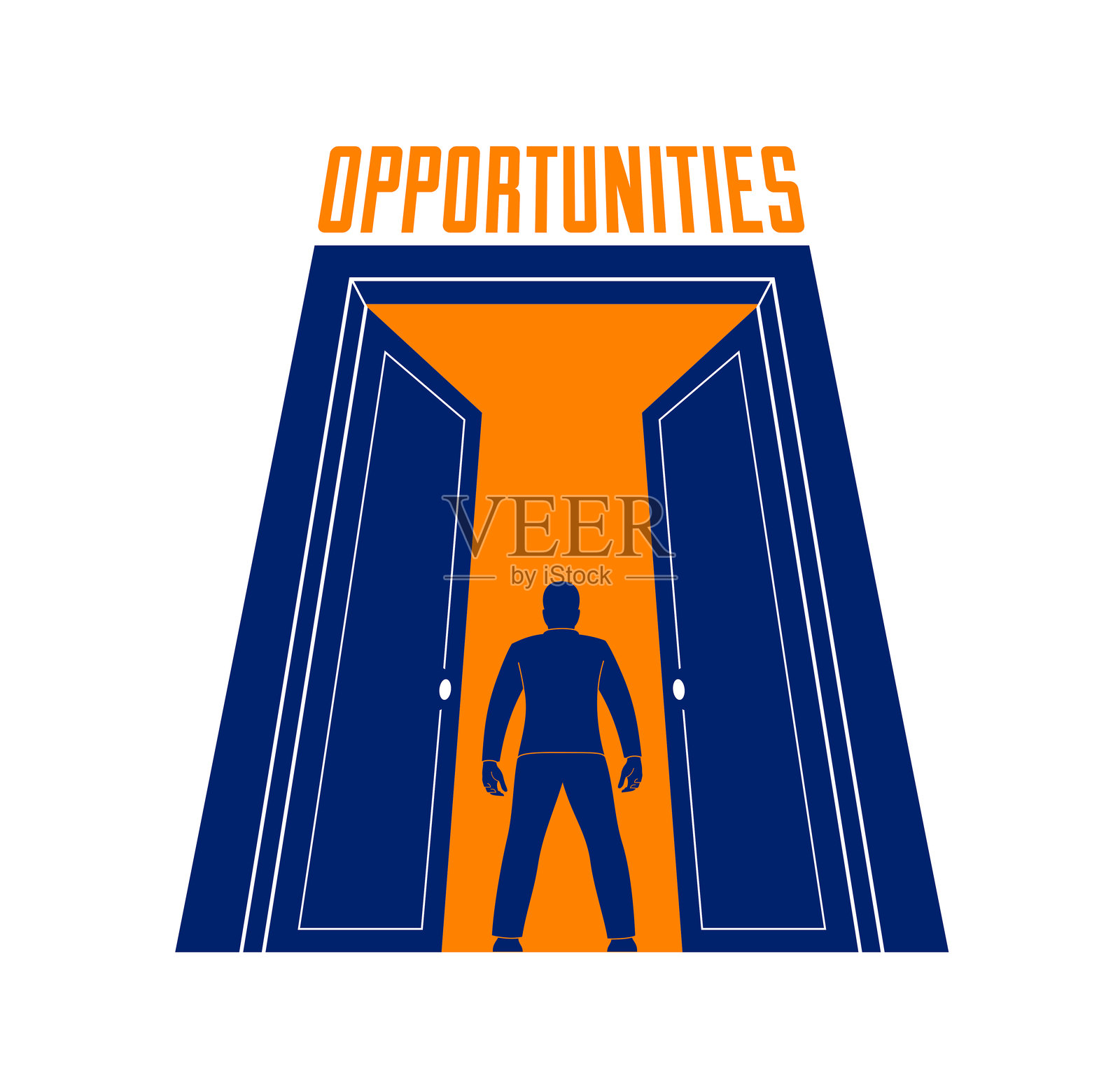 一个男人站在半开的大门前，犹豫是否要迈步进入，象征着新机会、迈向未来的隐喻，以及关于未来的债务决策。插画图片素材