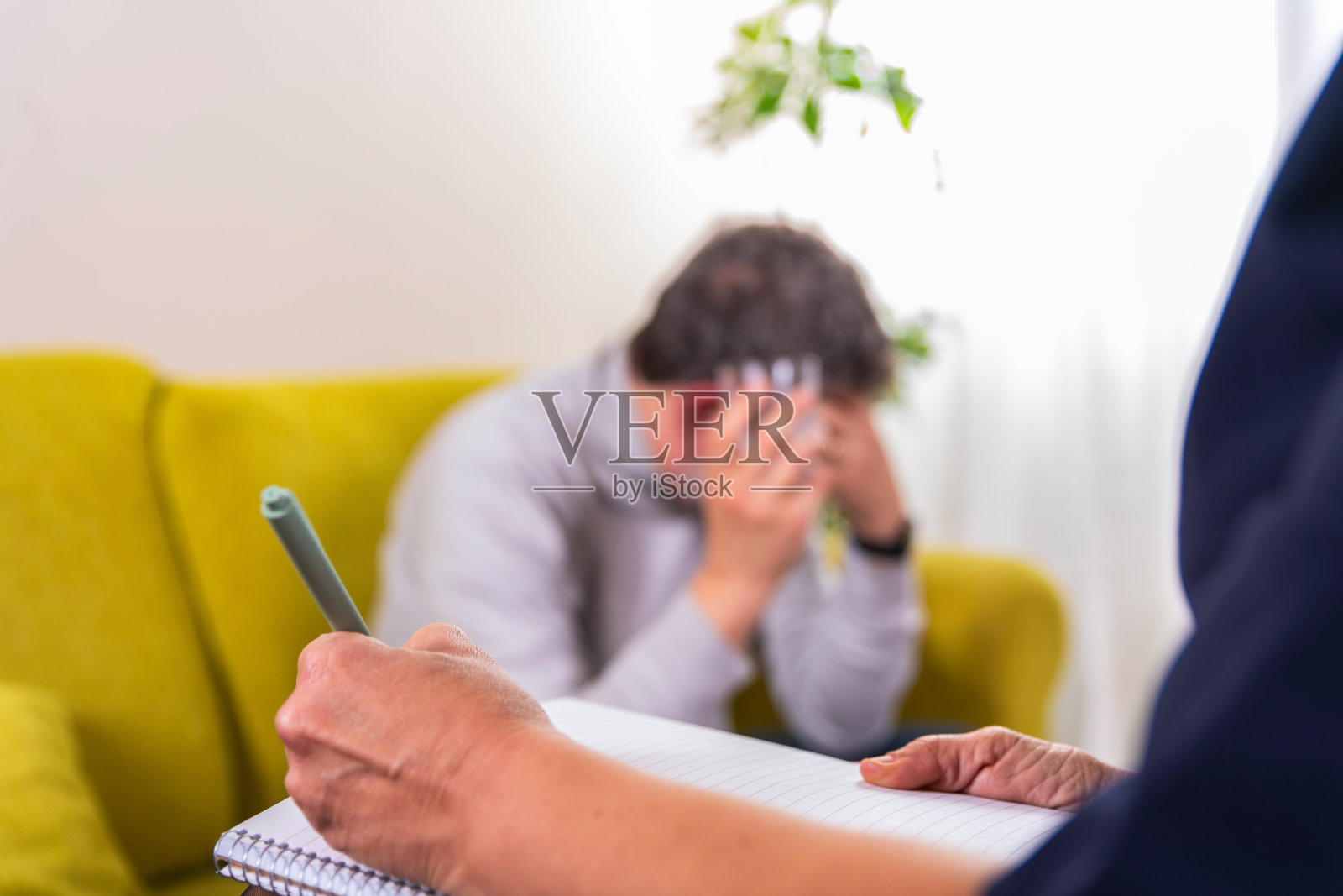 心理健康护理疗法概念 - 患者在家中与心理学家讨论心理健康问题照片摄影图片