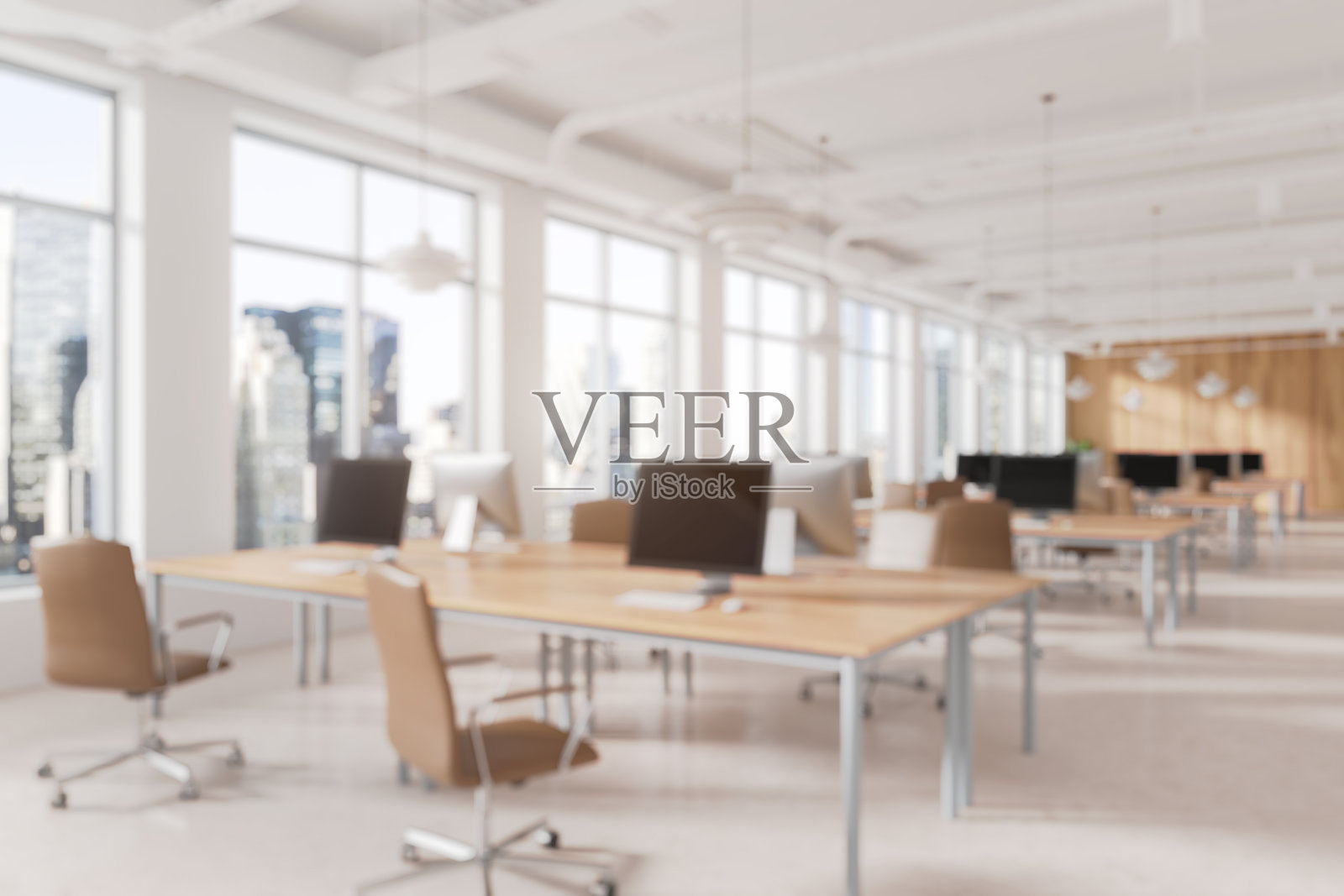 现代办公室内部，配有电脑和椅子。3D渲染照片摄影图片