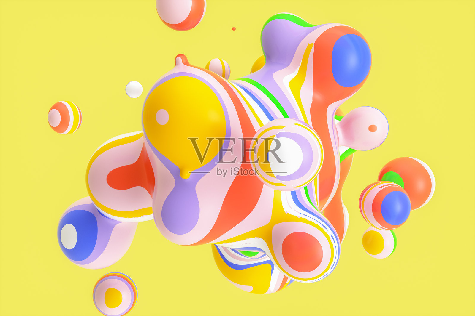 抽象的3D艺术背景，五彩斑斓的浮动大理石球体，液态斑块，肥皂泡。照片摄影图片