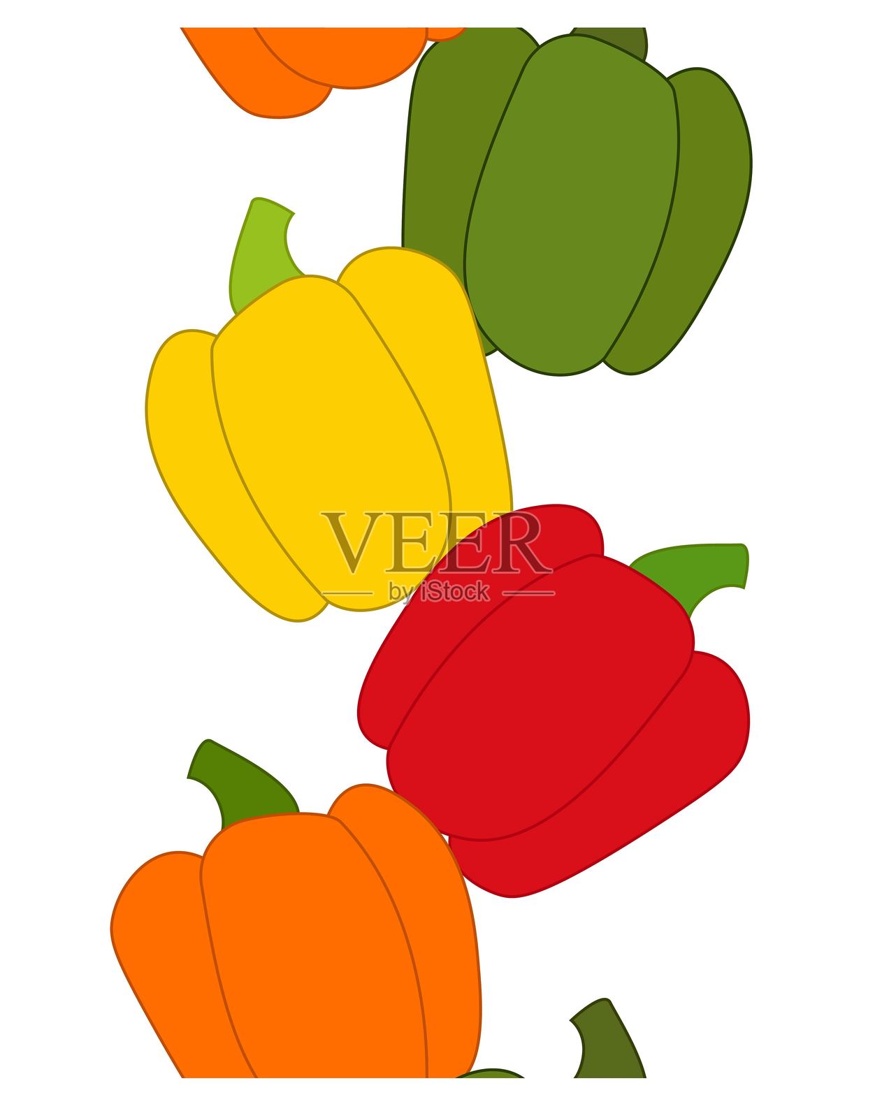 彩色椒类垂直边框矢量平面无缝插图。适用于食品设计、食谱、烹饪书籍、包装、菜单、食品广告和装饰。吃绿色。插画图片素材