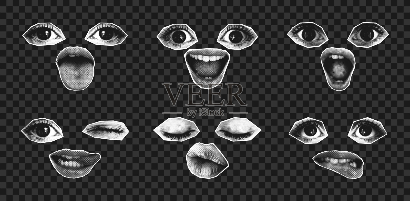 女性的眼睛和嘴巴结合成一幅拼贴风格的肖像或头像，带有半色调效果。不同情感的半色调女孩面孔集合。矢量图。插画图片素材