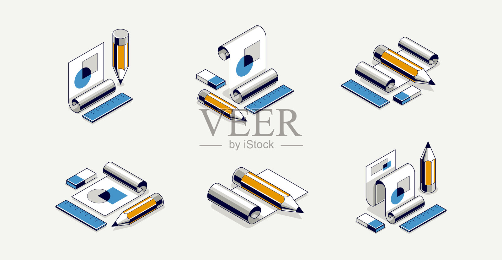 工程项目概念集，纸质文档蓝图与铅笔工程师工作，矢量3D等距插图，抽象计划图，CAD方案图标。插画图片素材