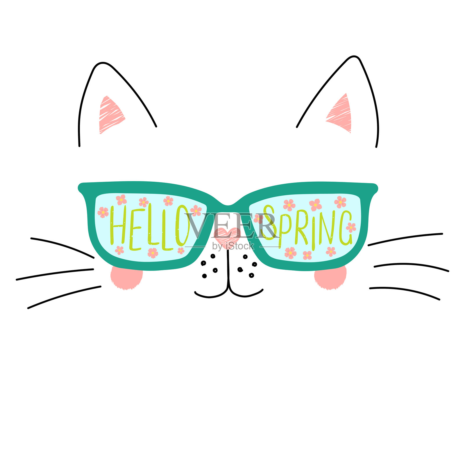 春天你好，带着眼镜的猫咪字母设计插画图片素材