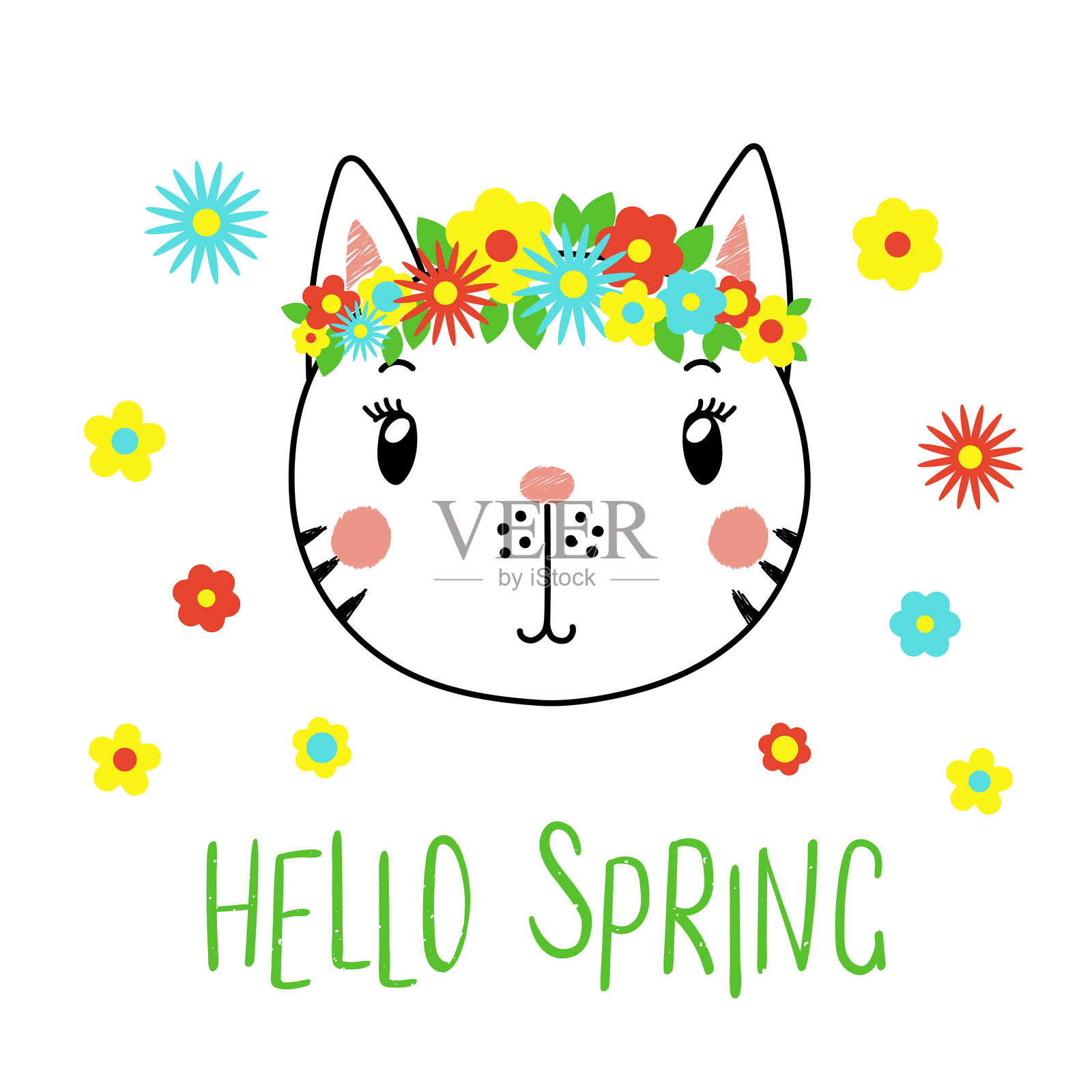 可爱的猫咪与花朵插画图片素材