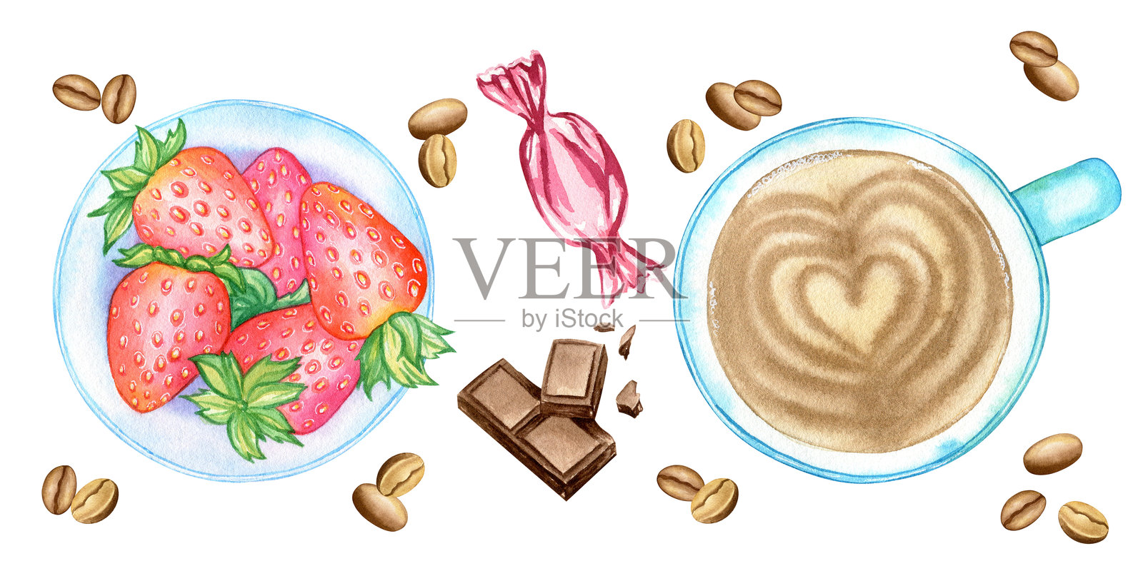 水彩画套装：陶瓷蓝色青绿色杯子配托盘，盛有卡布奇诺、拿铁，搭配牛奶、奶油、甜草莓、巧克力块、糖果和咖啡豆。手绘套装，独立于白色背景。插画图片素材