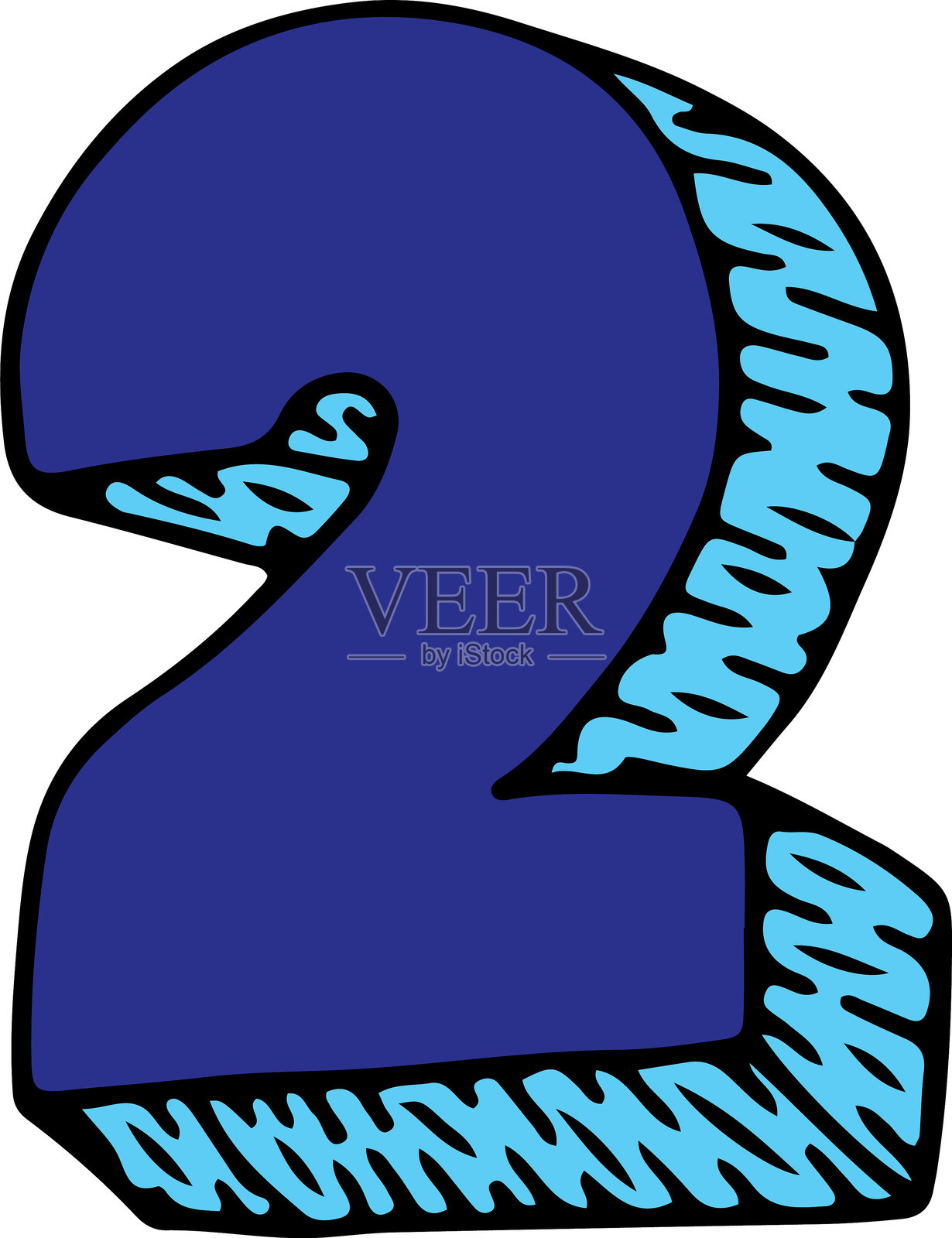 蓝色的三维数字二，带有阴影，采用黑色线条手绘的涂鸦风格。插画图片素材