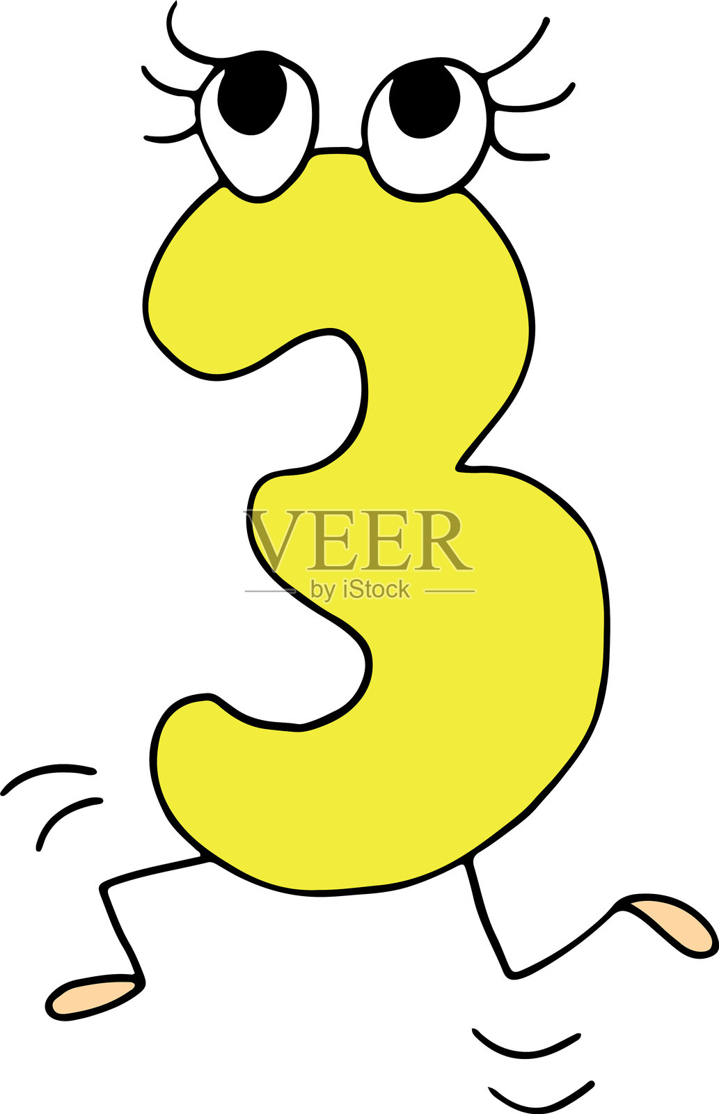 有趣的跳跃黄色数字三，黑色线条勾勒，带有眼睛、睫毛和腿，风格为粗糙艺术。插画图片素材