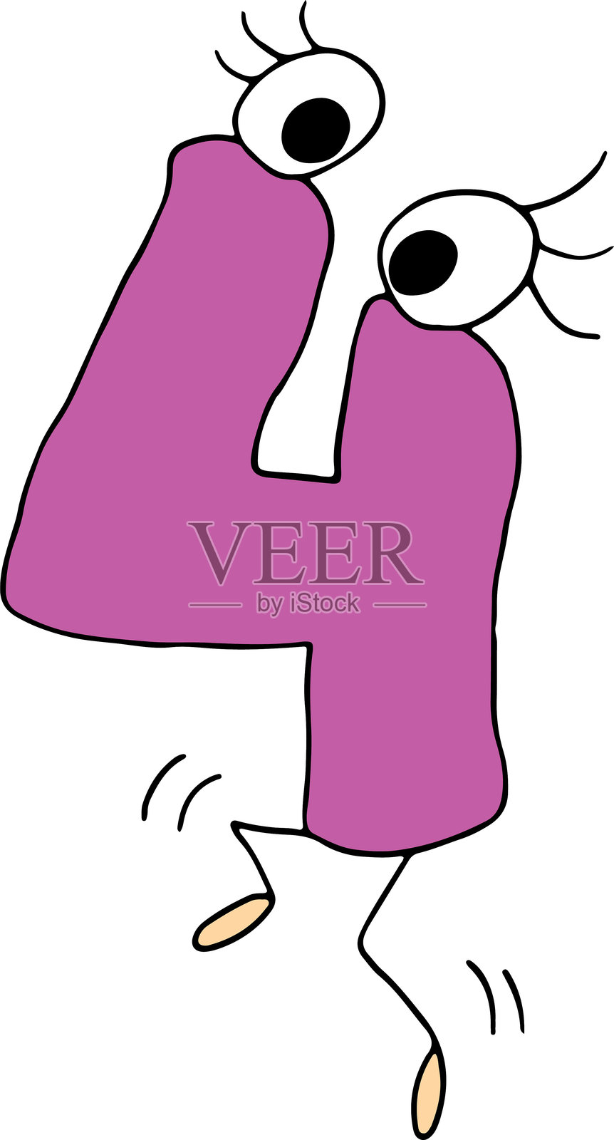 有趣的紫色数字四，黑色线条勾勒，带有眼睛、睫毛和腿，呈现出粗犷风格。插画图片素材