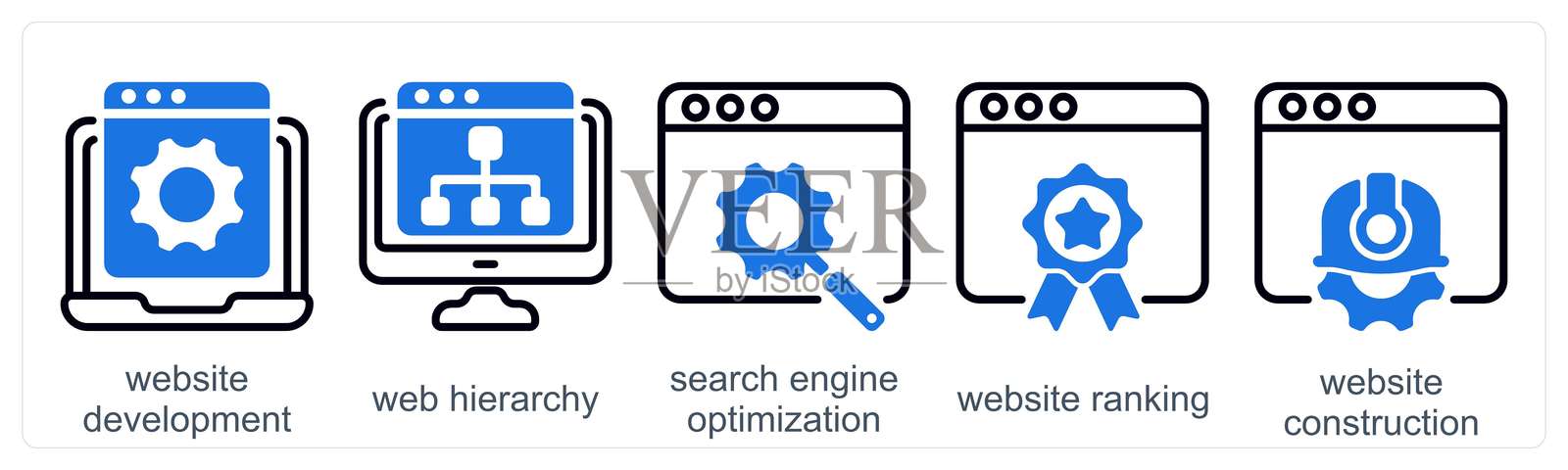 一组包含5个商业图标，主题为网站开发、网站层级和搜索引擎优化插画图片素材