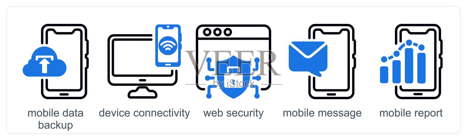 一组5个商业图标，分别代表移动数据备份、设备连接和网络安全插画图片素材