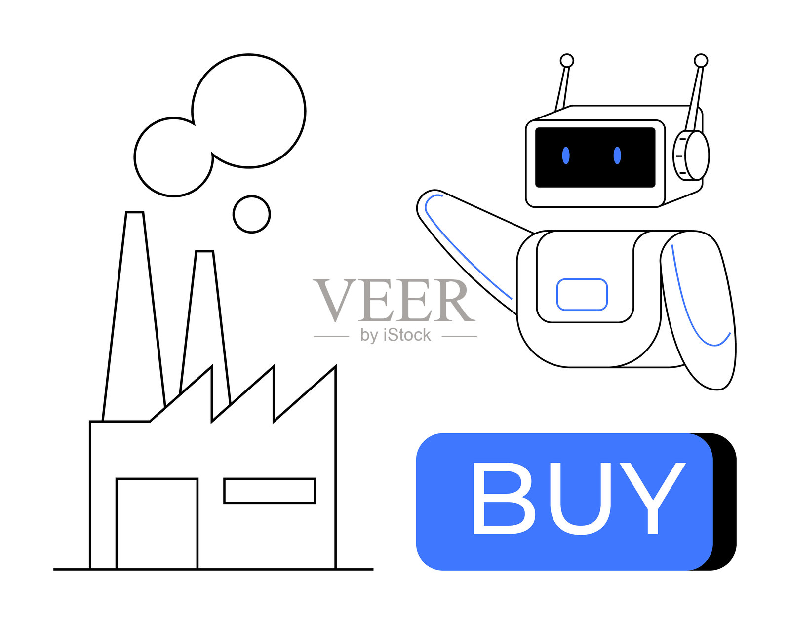 制造业中的机器人自动化，带有购买按钮，促进工业效率插画图片素材