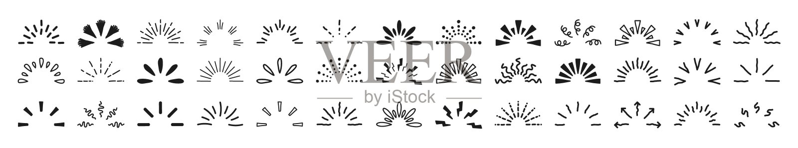 涂鸦闪耀星爆套装。阳光射线。手绘元素：星星、烟花爆炸、阳光光束、黑色线条、惊喜、轮廓、五彩纸屑、装饰性、复古风格。艺术设计元素。插画图片素材