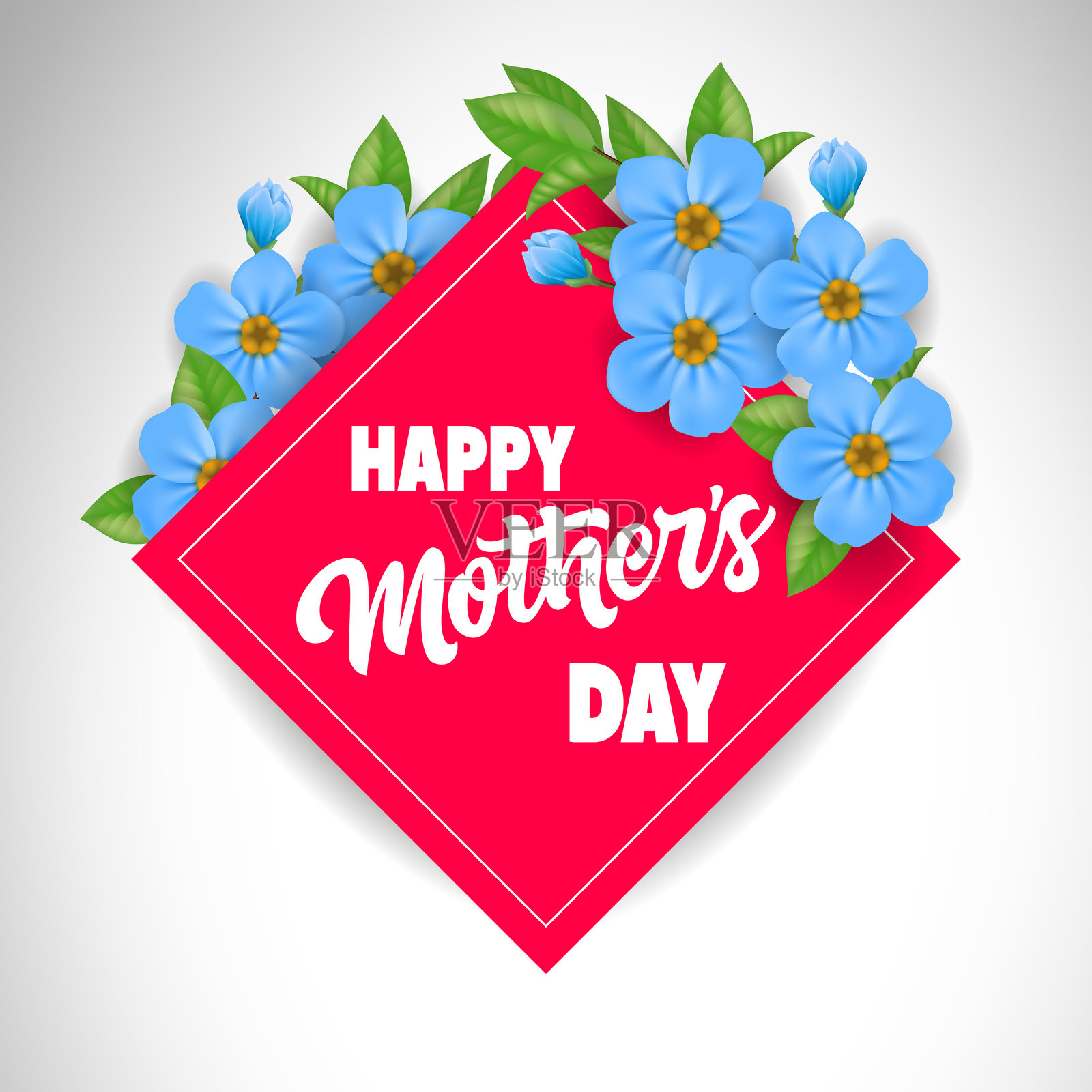 红框上带有蓝色花朵的母亲节快乐字样插画图片素材