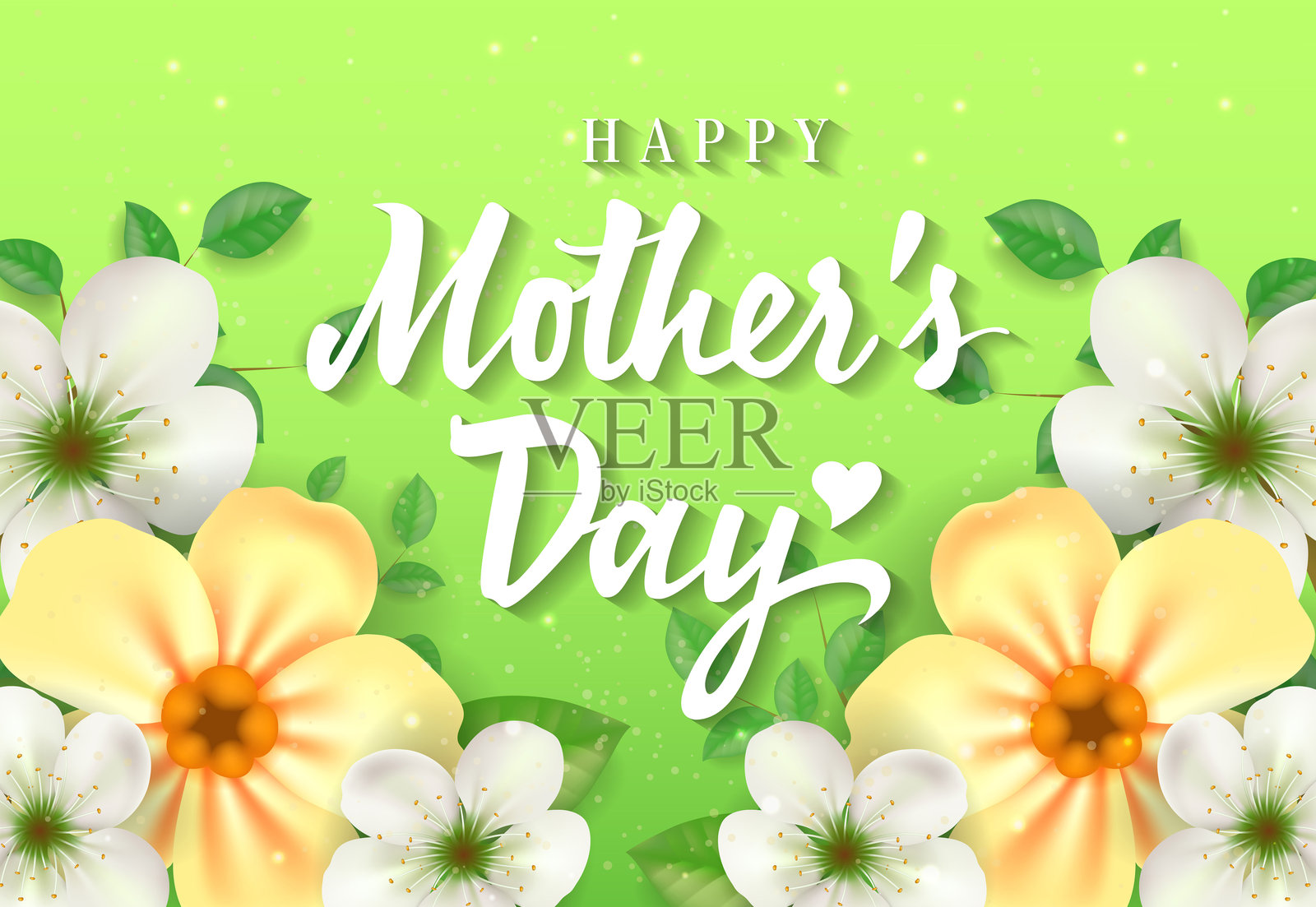 母亲节快乐的字母与绿色背景上的花朵插画图片素材