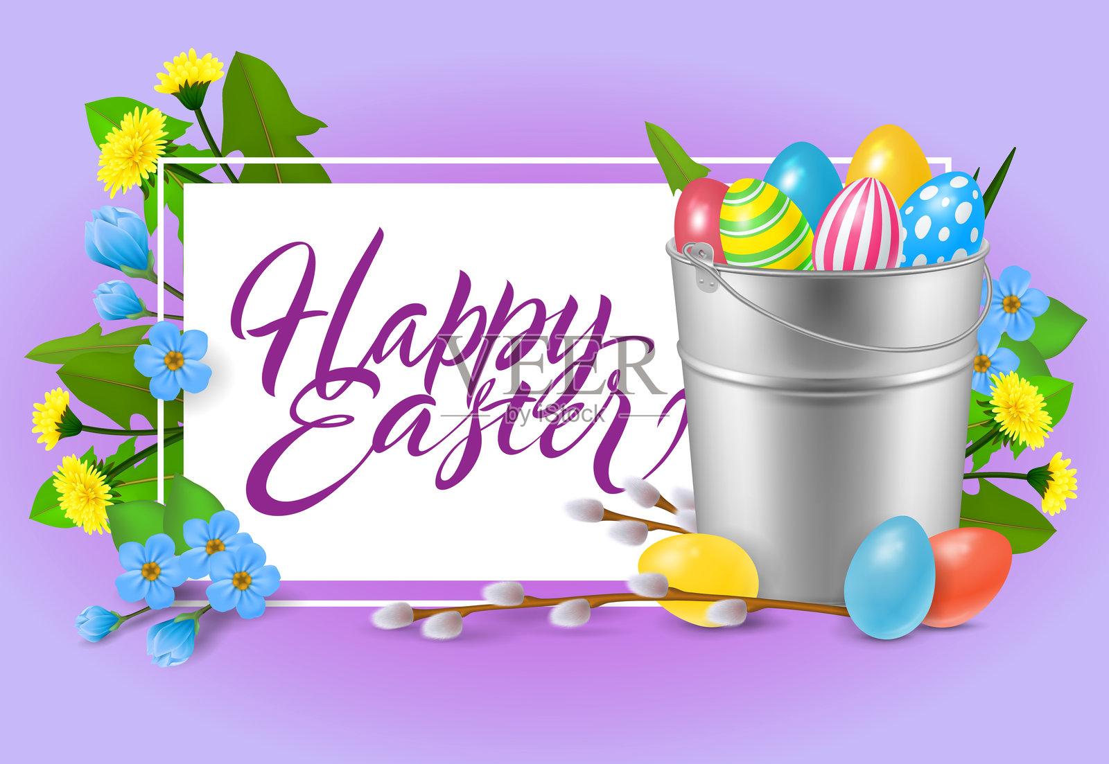 复活节快乐的字母与装满鸡蛋的桶插画图片素材