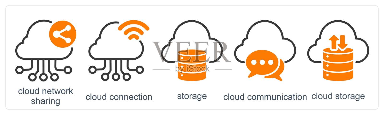 一组5个商业图标，包含云网络共享、云连接和存储。插画图片素材