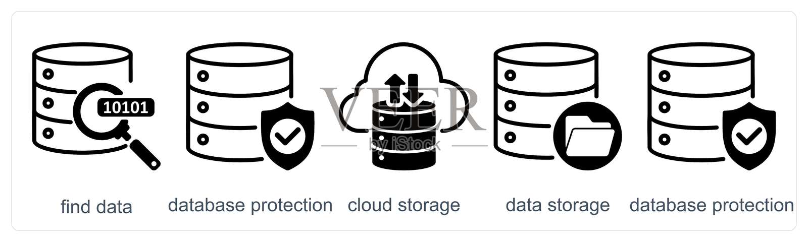 一组5个商业图标，包括查找数据、数据库保护、云存储插画图片素材