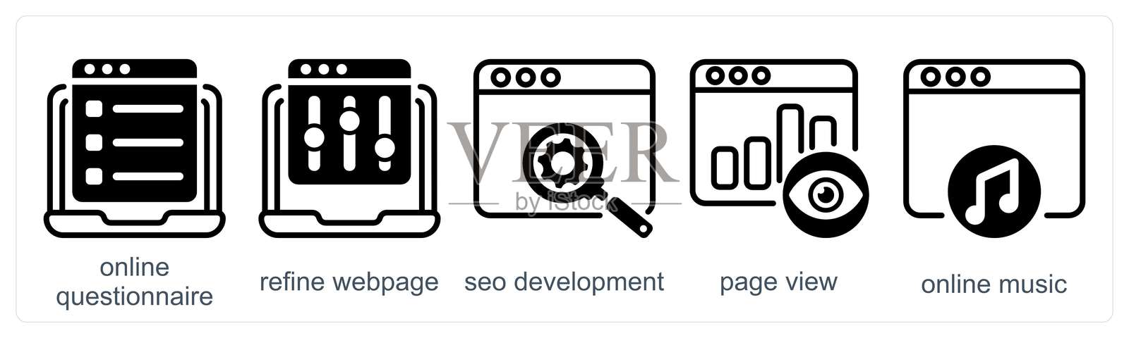 一组5个商业图标，代表在线问卷、网页优化和SEO开发插画图片素材