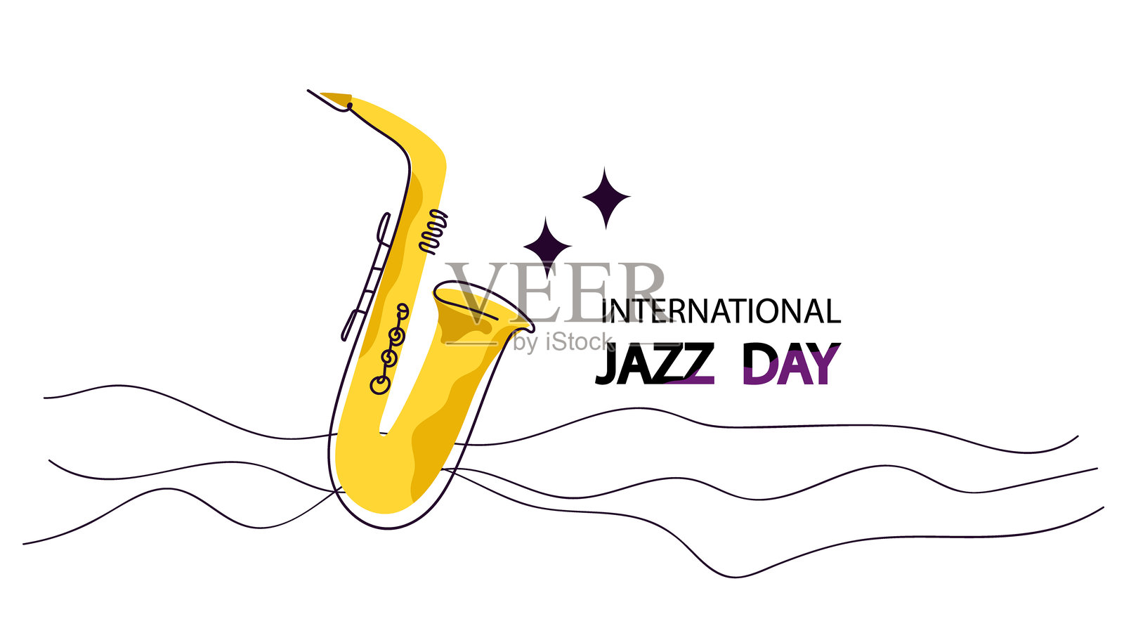 国际爵士乐日问候音乐活动。萨克斯风演奏爵士节旋律，音乐表演的节日横幅，音乐会邀请传单概念。矢量线条艺术插图。插画图片素材