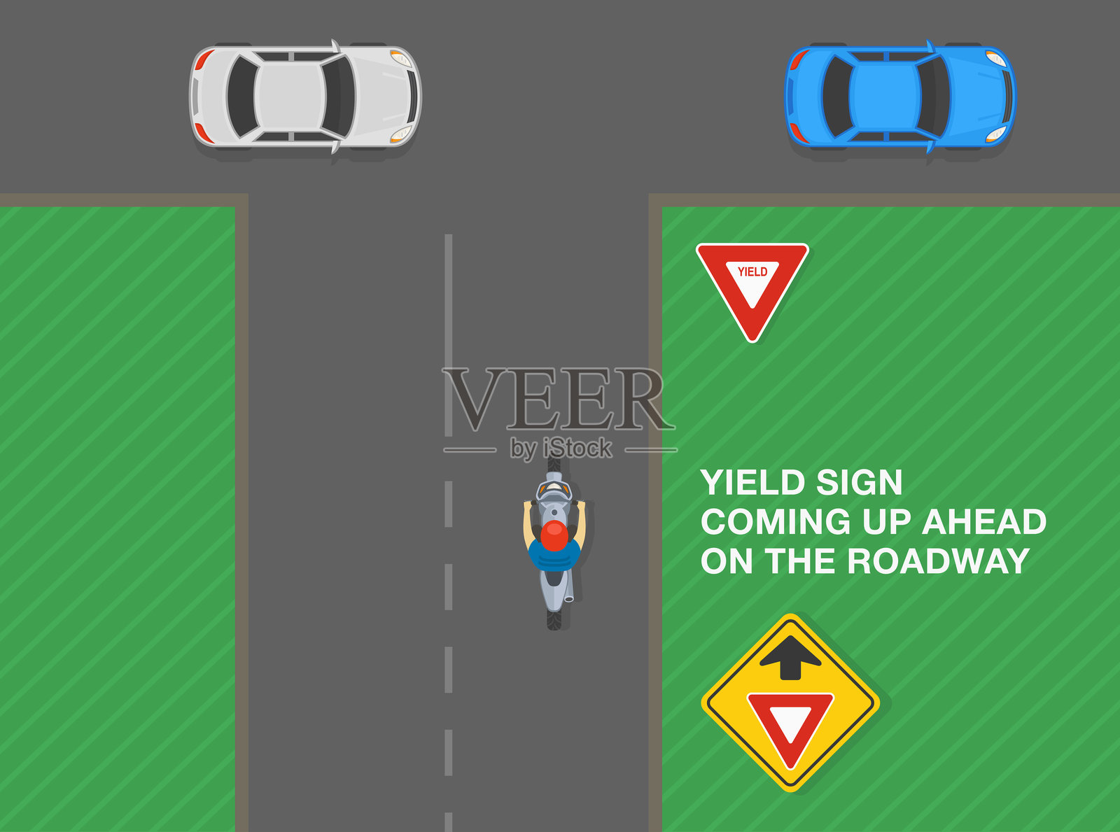 安全驾驶提示和交通规则。前方有让行标志。摩托车从上方接近带有“让行”标志的交叉口。矢量插图模板。插画图片素材