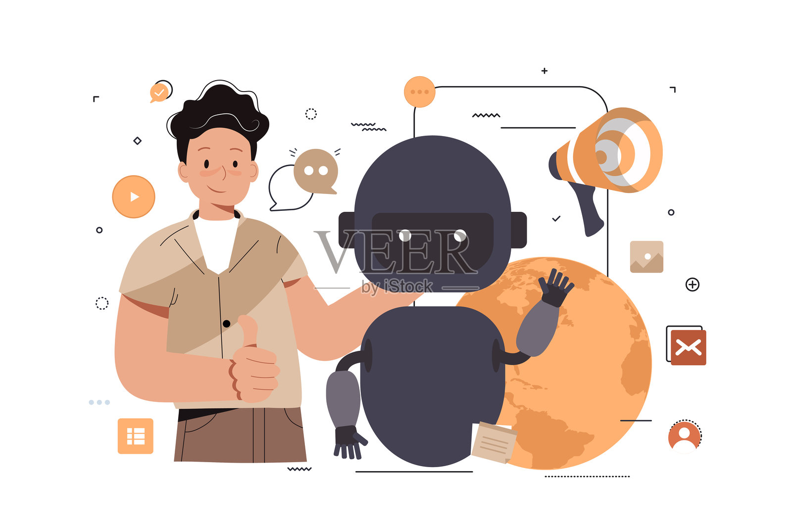 自动化算法抽象概念矢量插图。社交媒体中的人工智能，AI驱动的营销工具，智能界面，可用性工程的抽象隐喻。插画图片素材