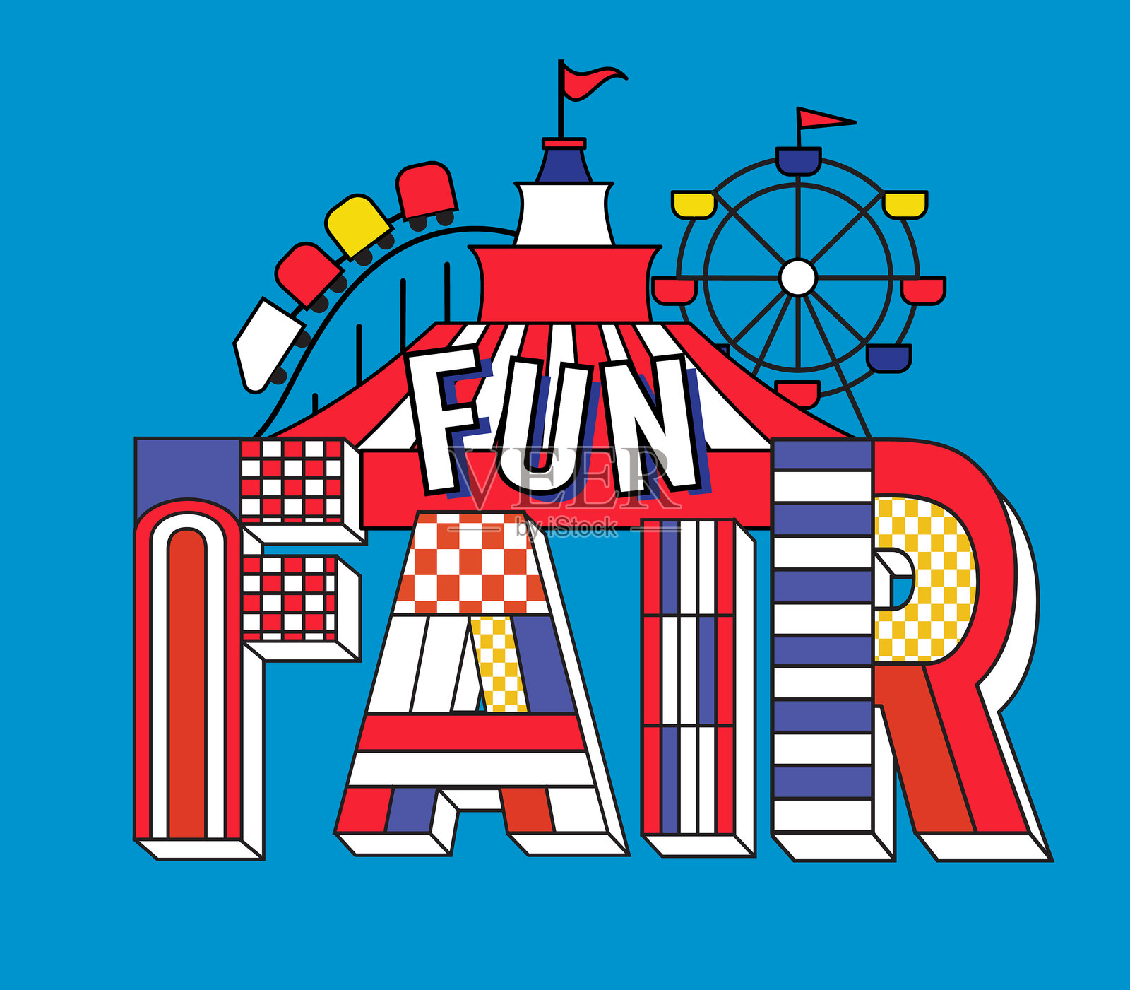 色彩缤纷的游乐园logo设计模板，包含嘉年华帐篷、摩天轮和过山车插画图片素材