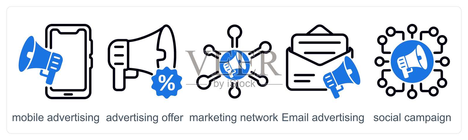 一组5个商业图标，代表移动广告、广告优惠和营销网络插画图片素材
